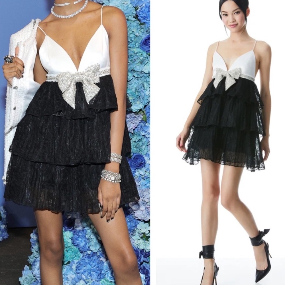 White and Black Tiered Bow-Accent Spaghetti Strap Dress